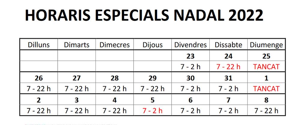 Horaris parquingNadal2022