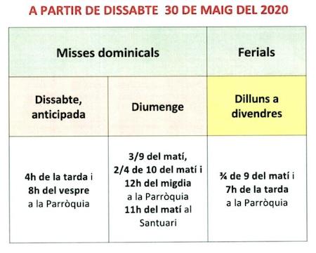 Horaris misses 30 maig